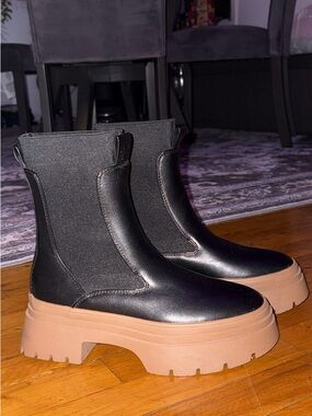 Black Chelsea Platform Boots with Tan Lug Sole